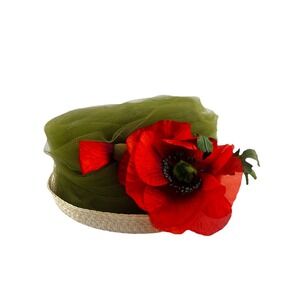 Red Floral & Green Lace Straw Hat- Church, Derby Hat, Vintage. Mr. Kurt Original